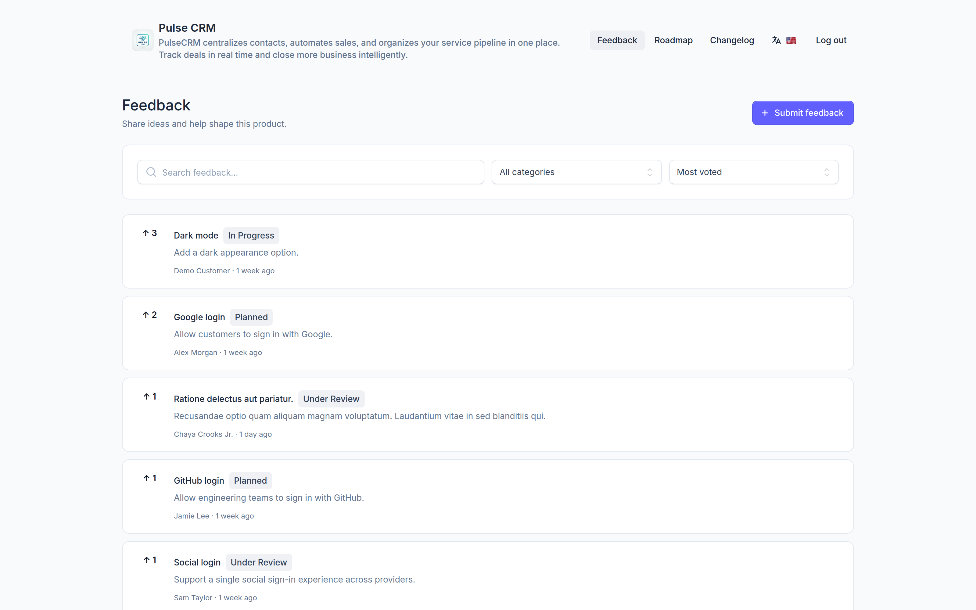 Overview of a public product feedback portal