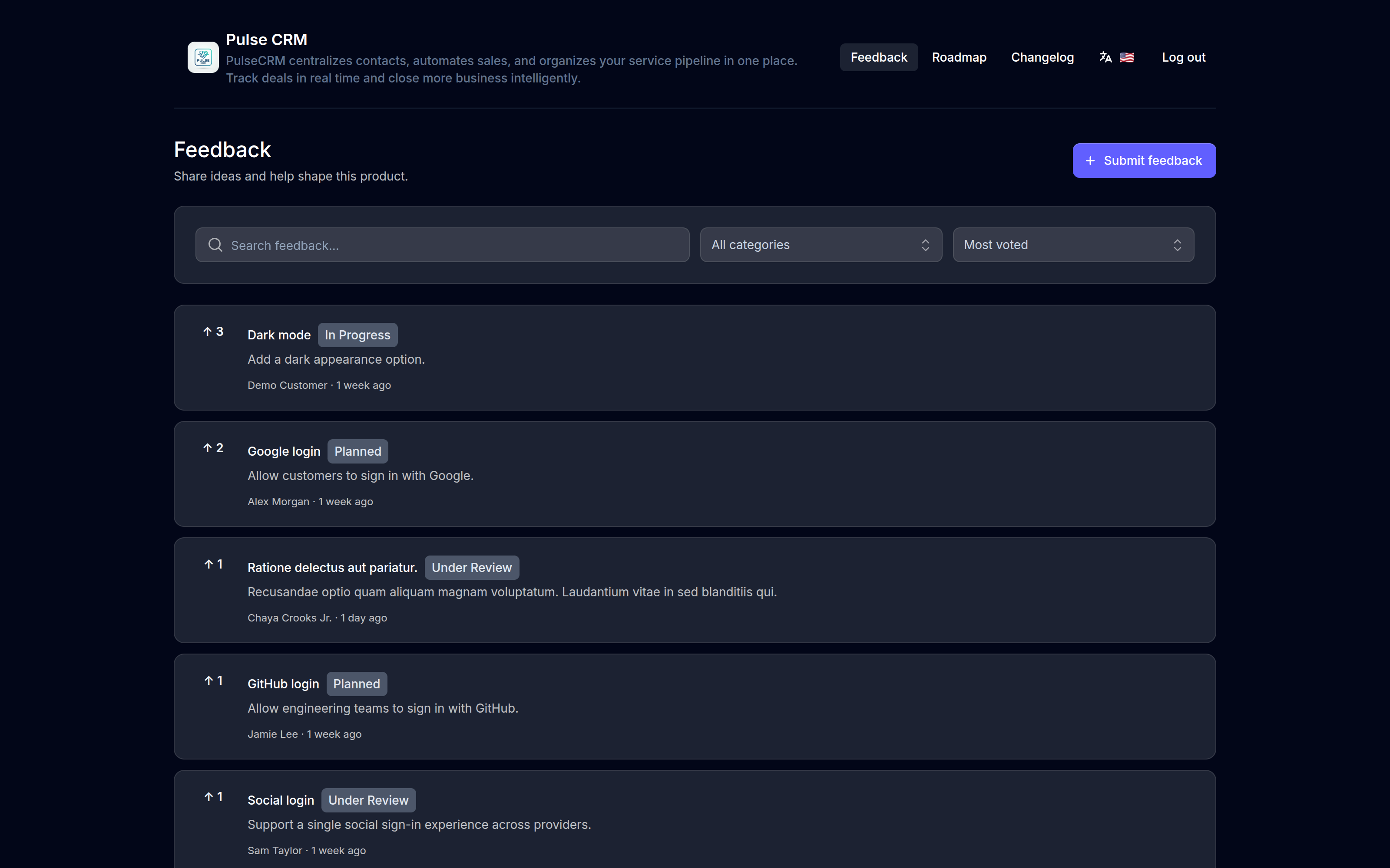 Overview of a public product feedback portal