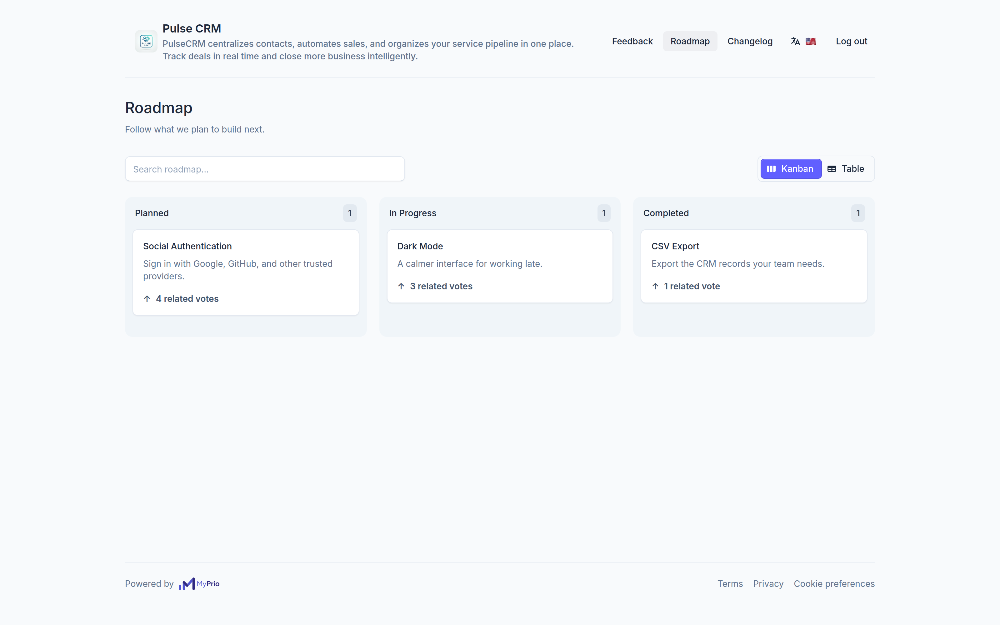 Public roadmap with planned, in progress, and completed items