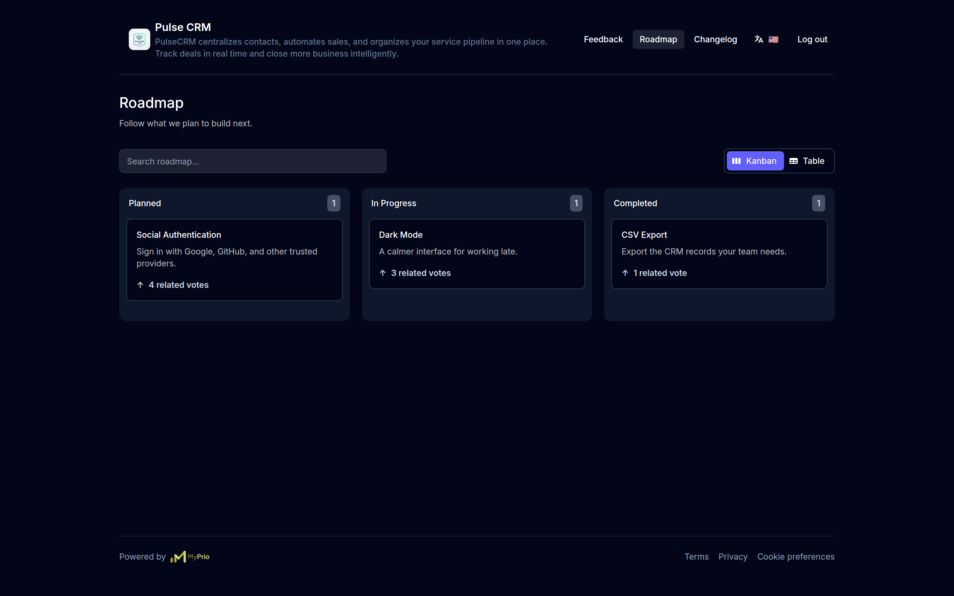 Public roadmap with planned, in progress, and completed items